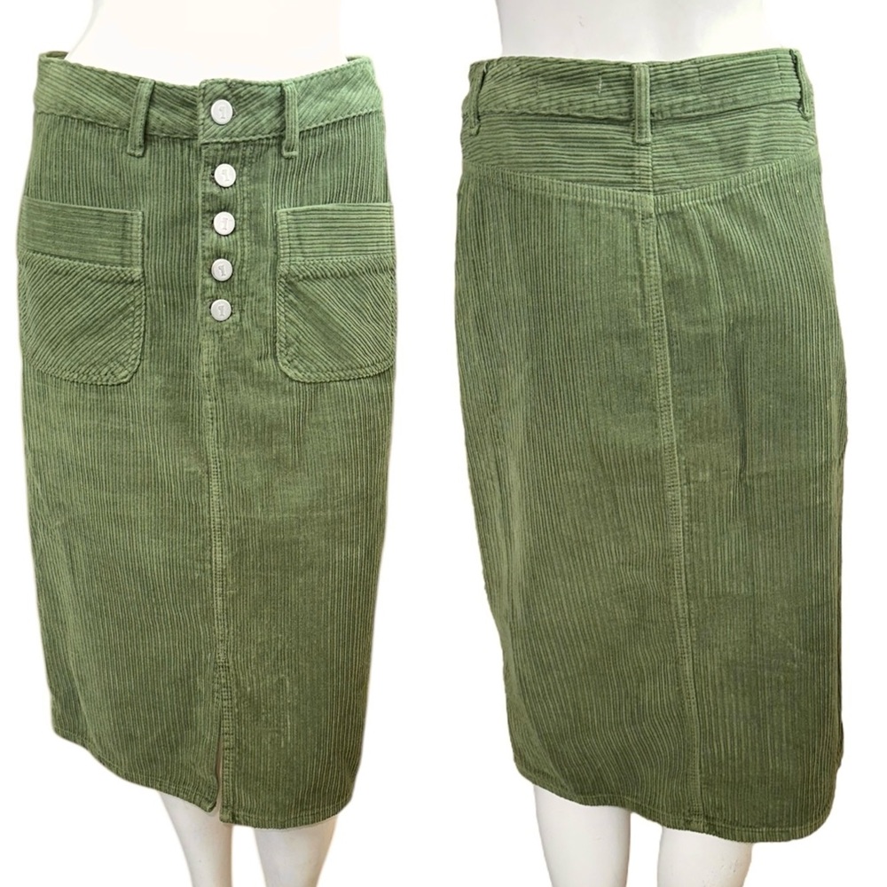 Anthropologie Pilcro Olive Green Corduroy Button Fly Pencil Midi Skirt Size 4